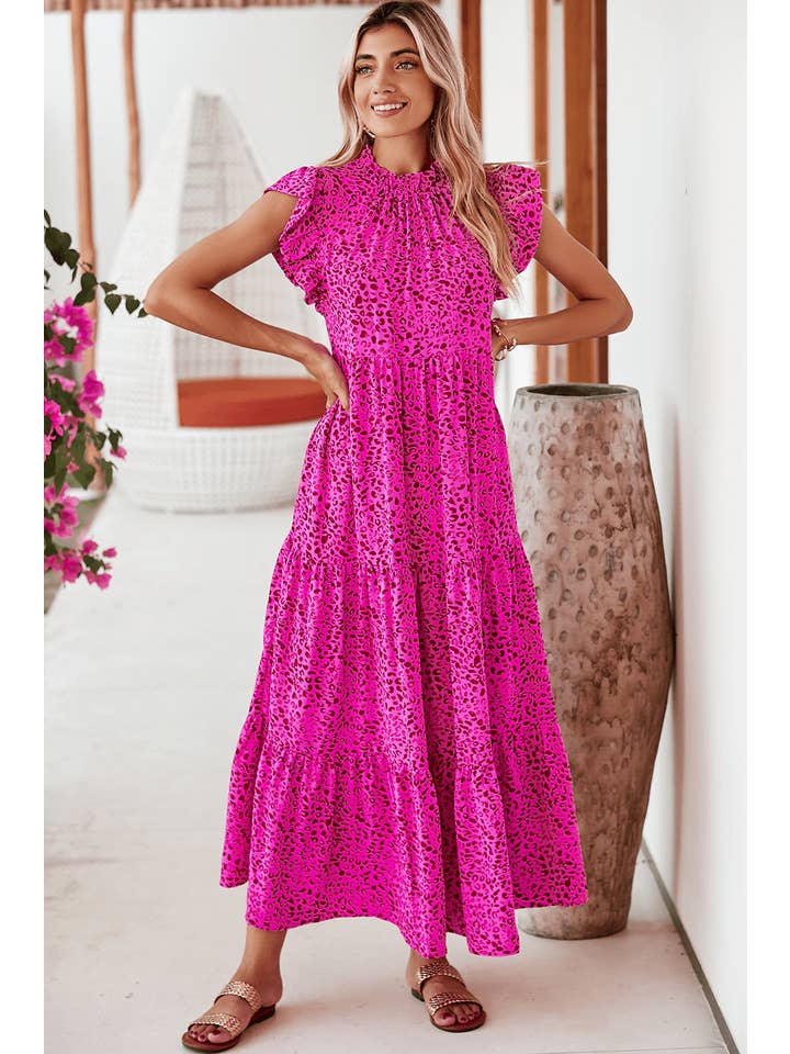 Rose Red Leopard Ruffle Tiered Maxi Dress for wholesale on Faire