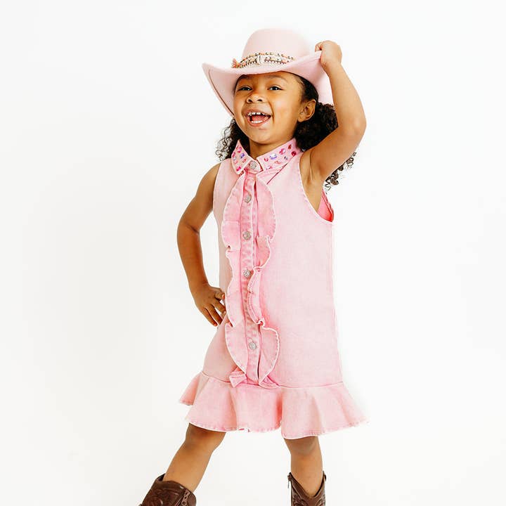 Robe en jean à volants rose gemme pour la vente par Three Wildflower Designs