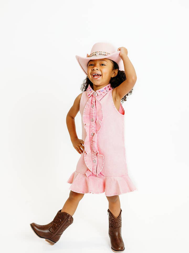 Robe en jean à volants rose gemme pour la vente par Three Wildflower Designs