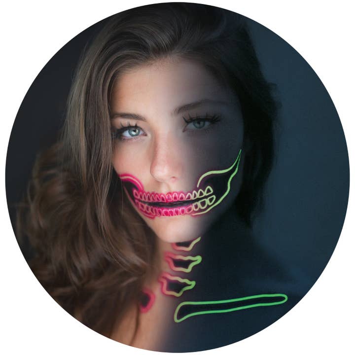 2 x Neon Skull Face Pink Temporary Tattoo, Halloween Costume for Women and Men, Adult, Glow in the Dark for wholesale by TATTOOCREW