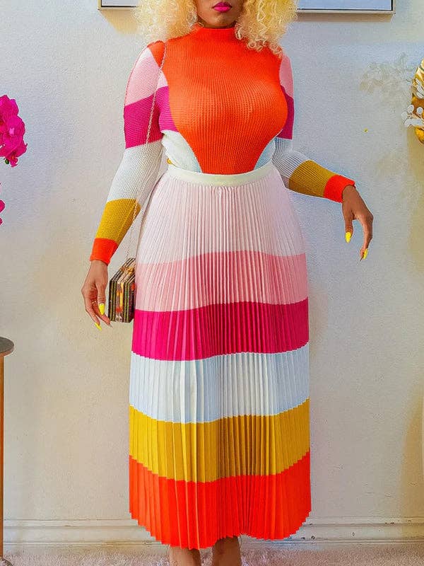 Sheer Trend - Venta al por mayor Conjuntos de top y falda - Mujer - Conjunto de dos piezas de blusa de manga larga con cuello simulado, estampado plisado de color contrastante y falda en talla grande.5