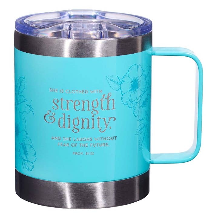Mug SS Camp Teal She is Clothed with Strength Prov. 31:25 for wholesale by Christian Art Gifts