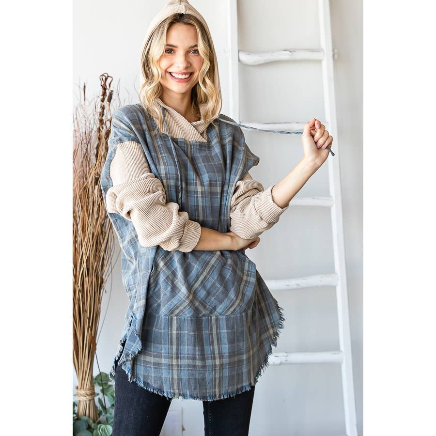 Oli&Hali - Vente Sweat à capuche – femme - PULL À CAPUCHE À CARREAUX DÉLAVÉ AVEC OURLET BRUT ET MANCHES LONGUES12