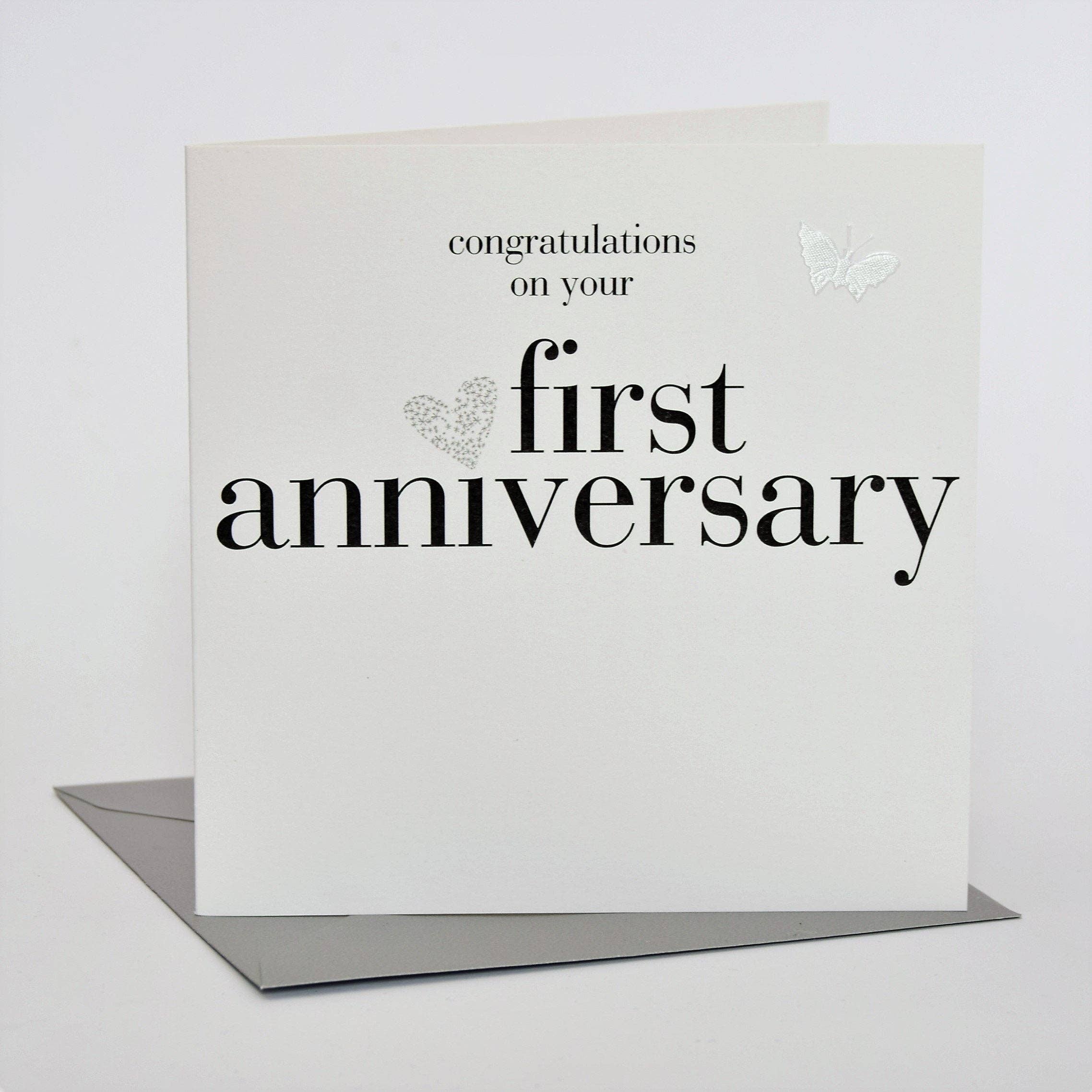 Claire Giles Ltd - Wholesale Anniversary Card - 1st Wedding Anniversary Card, Silver Heart, fabric butterfly Embellished1