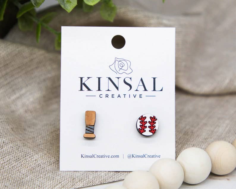 Kinsal Creative - Wholesale Stud/post earrings - Baseball Bat And Ball Wood Stud Earrings