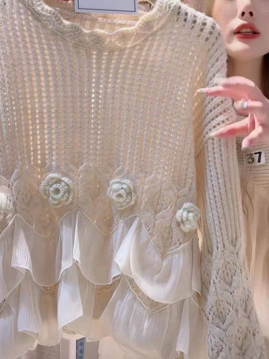 Beige Top de punto con cuello redondo y diseño hueco retro de venta al por mayor en Faire1