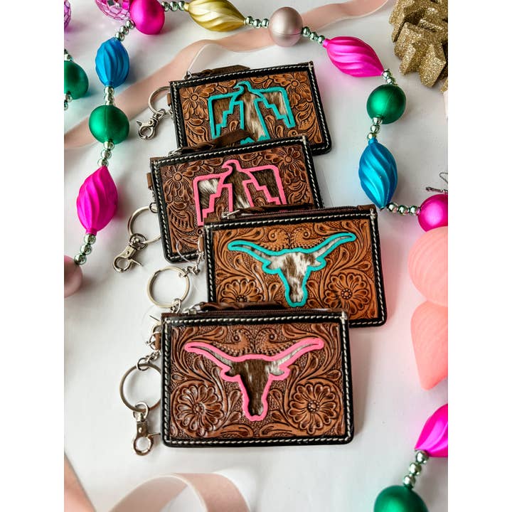 Boho Ranch Shop - Wholesale Wallet - Women's - Tooled Leather Keychain Wallet Thunderbird Longhorn Bow Hat