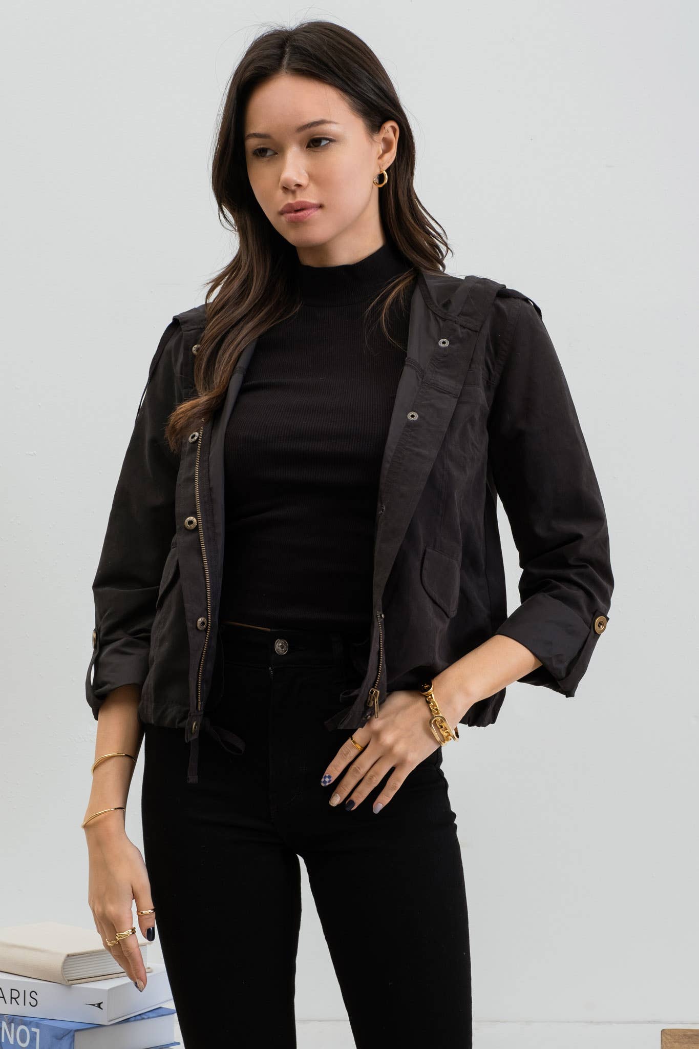 Blu Pepper - Wholesale Jacket - Women's - SNAP BUTTON ZIP UP HOODED JACKET3