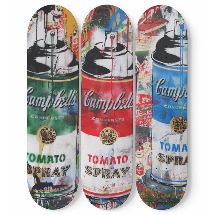 Andy Warhol Campbell Soup | Tomato Spray Art - 3-piece Skateboard Wall Art for wholesale by SkateboardArtsy