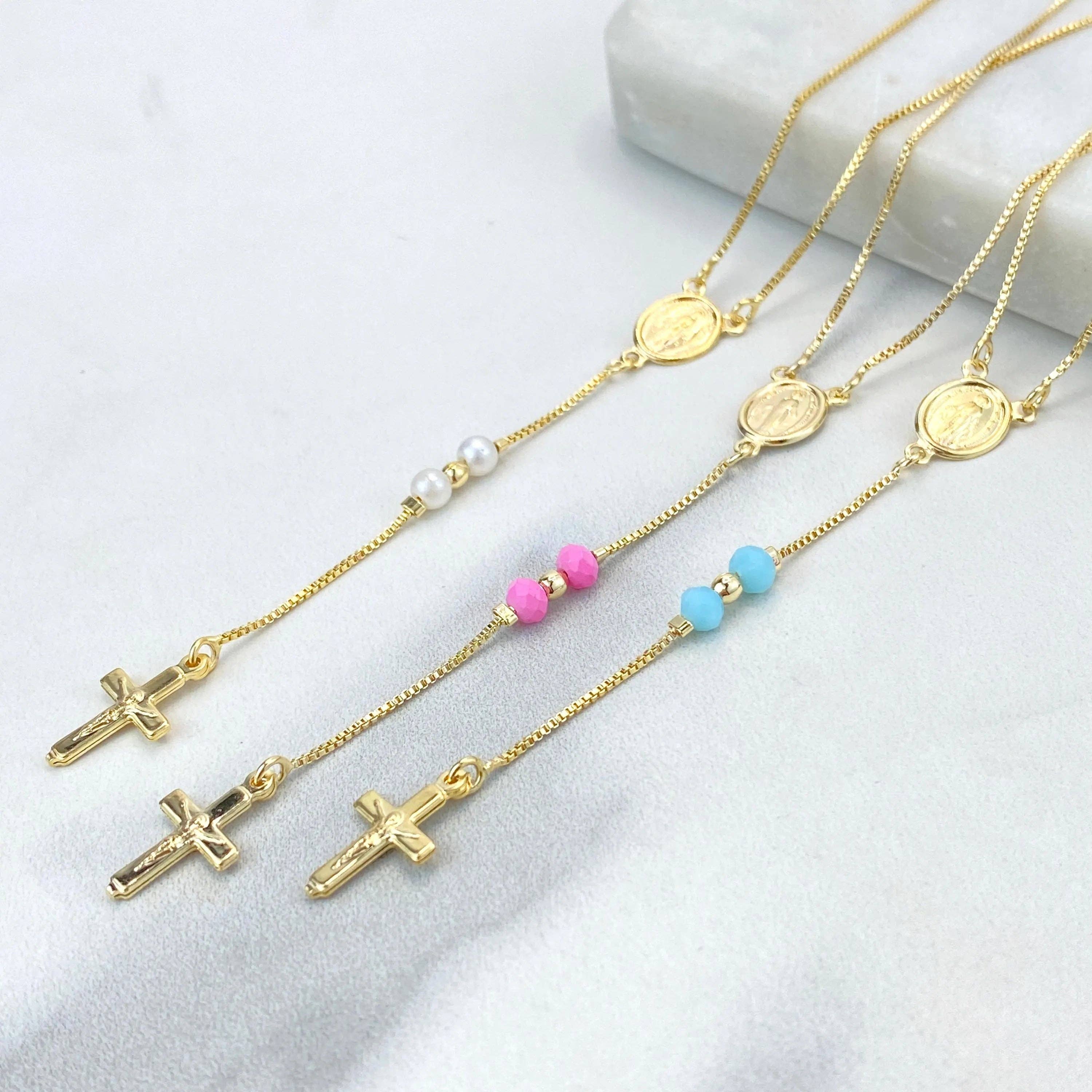 Luxus Accessories - Wholesale Prayer Beads Necklace - 18k Gold Filled Pastel Colored Beads Rosary with Miraculous Virgin Charm, Christian Catholic Rosary, Pink, Blue, or Pearl5