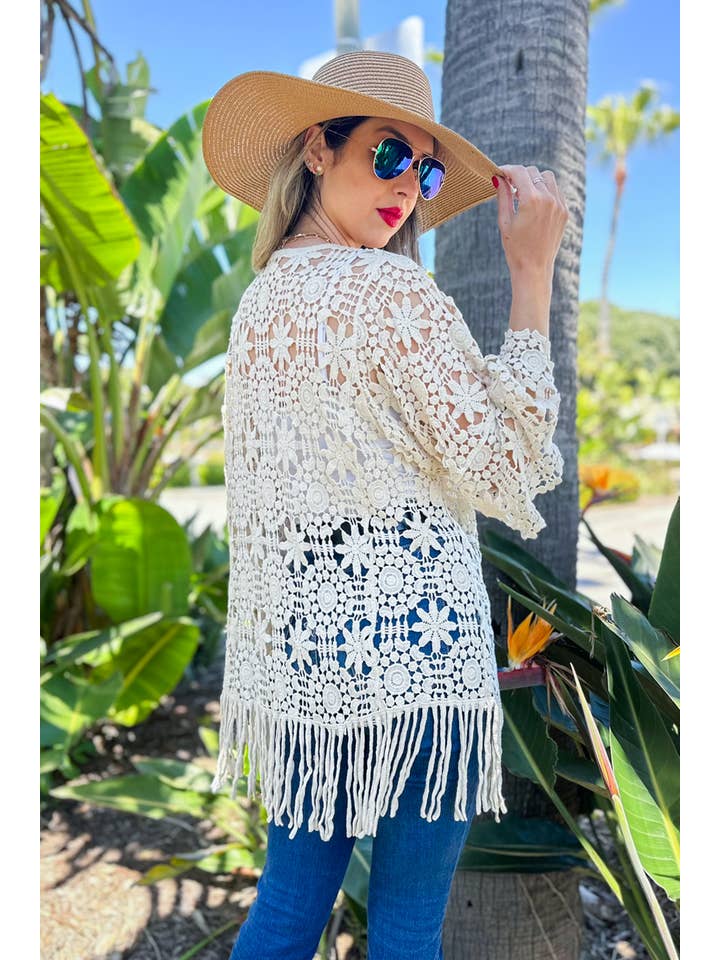 Ivory Floral Crochet 3/4 Sleeve With Tassel Kimono for wholesale on Faire