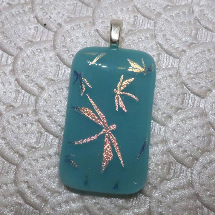 Turquoise Dragonfly Fused Dichroic Glass Pendant for wholesale by McCray Studios