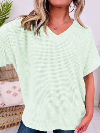 Aqua waffle V neck short sleeve top for wholesale by EightyFirst Street Boutique