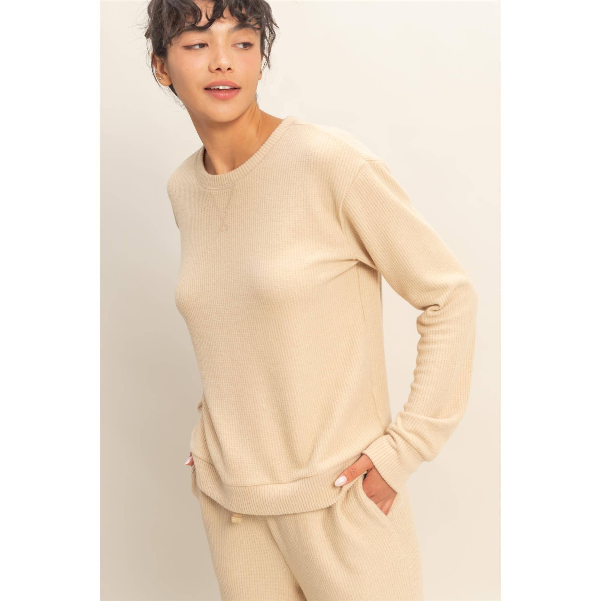 Double Zero - Wholesale Knit Top - Women's - Brushed Waffle Crew Neck Long Sleeve Top0