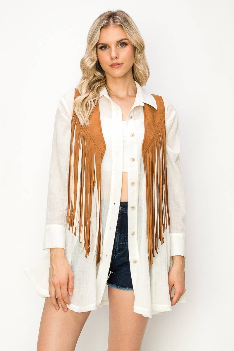 WISTERIA LANE - Wholesale Outerwear Vest - Women's - BOHO WESTERN 2TONE FRINGED SUEDE VEST -  6408 3