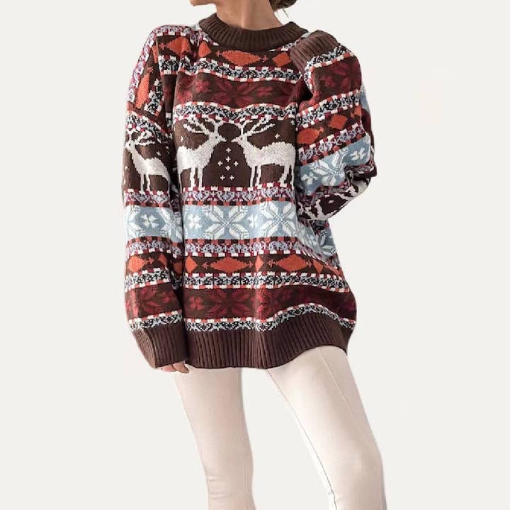 Warmy Elk Geometric Pattern Long Sleeve Knti Sweater for wholesale by The Moment Collection