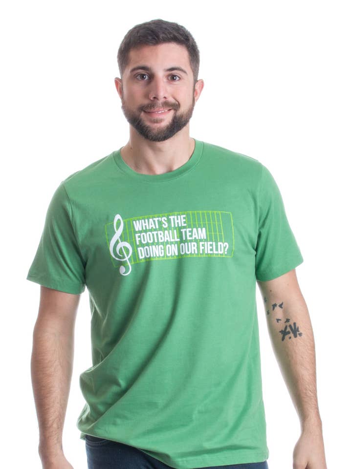 Green Marching Band Unisex T-shirt | Football Team Field Design for wholesale on Faire0