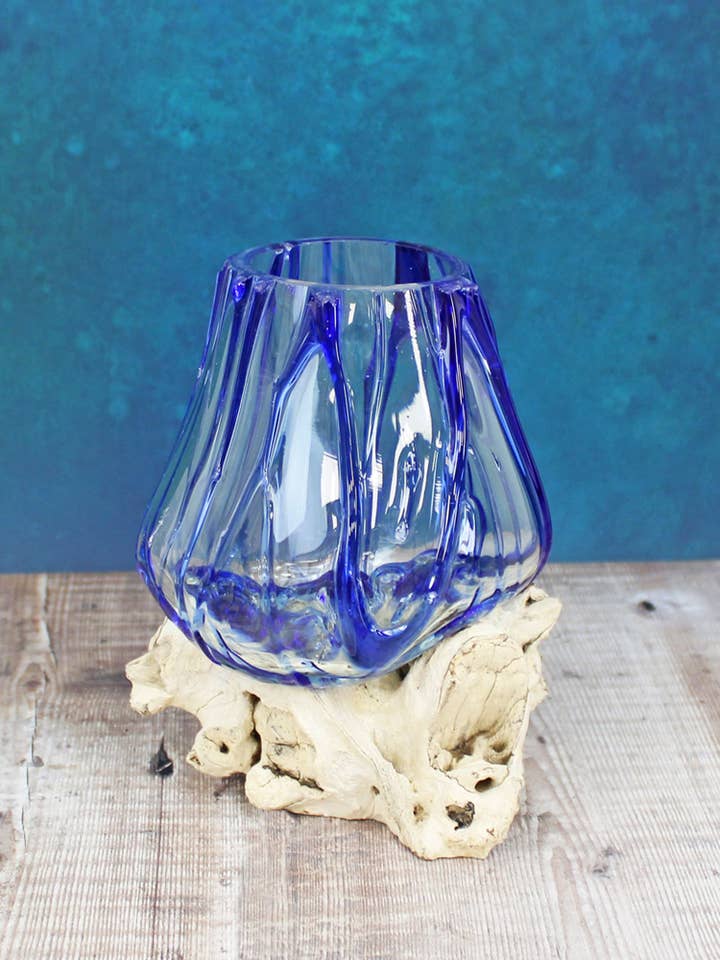 GL6502 GLASS BOWL ON NATURAL WOODEN BASE - BLUE DESIGN for wholesale by Suzie Blue