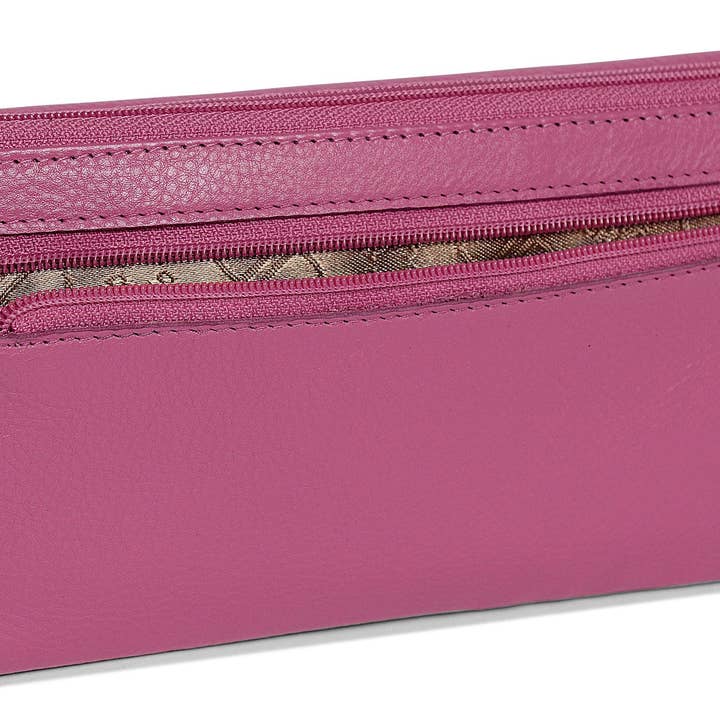 SADDLER – wholesale Wallet – Women's – SADDLER CLAIRE Long Leather Trifold Purse - 18 Card Slots, Dual Zip Pockets, and Note Sections - RFID Protected