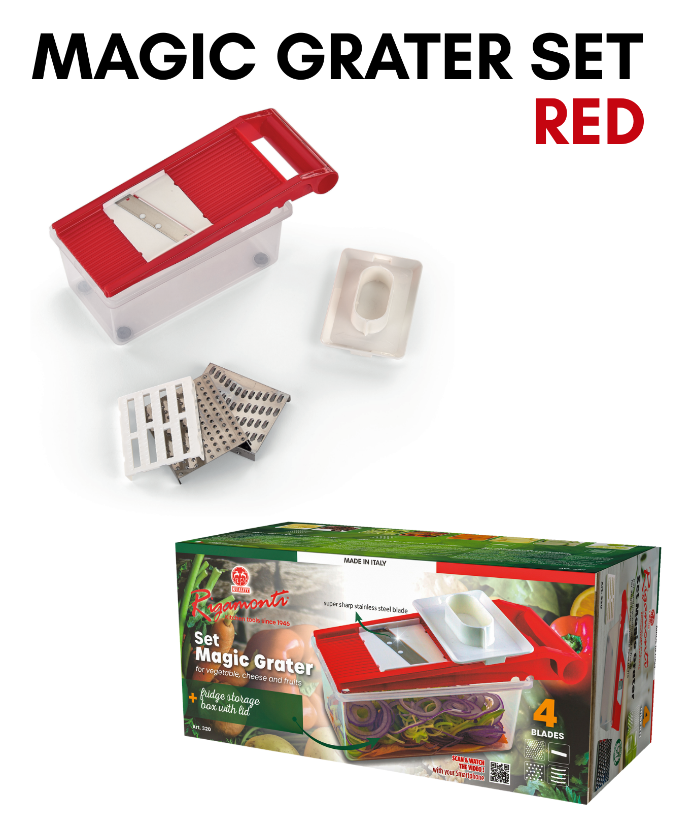 Rigamonti Pietro & Figli srl - Wholesale Grater - Art. 320 MAGIC GRATER SET:slicer+container+4 inserts - RED0