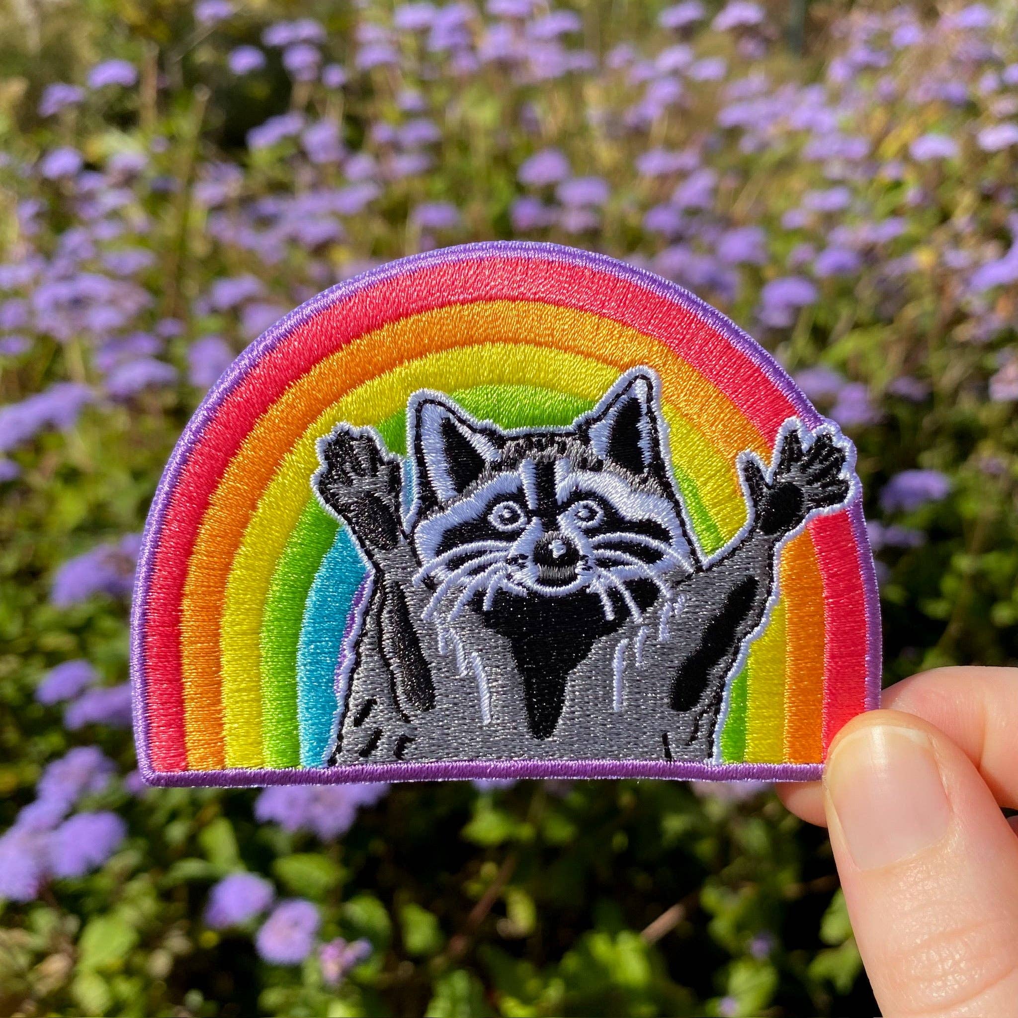 Allison Stoiser Art - Wholesale Patch - Rainbow Raccoon Iron-On Embroidered Pride Patch1