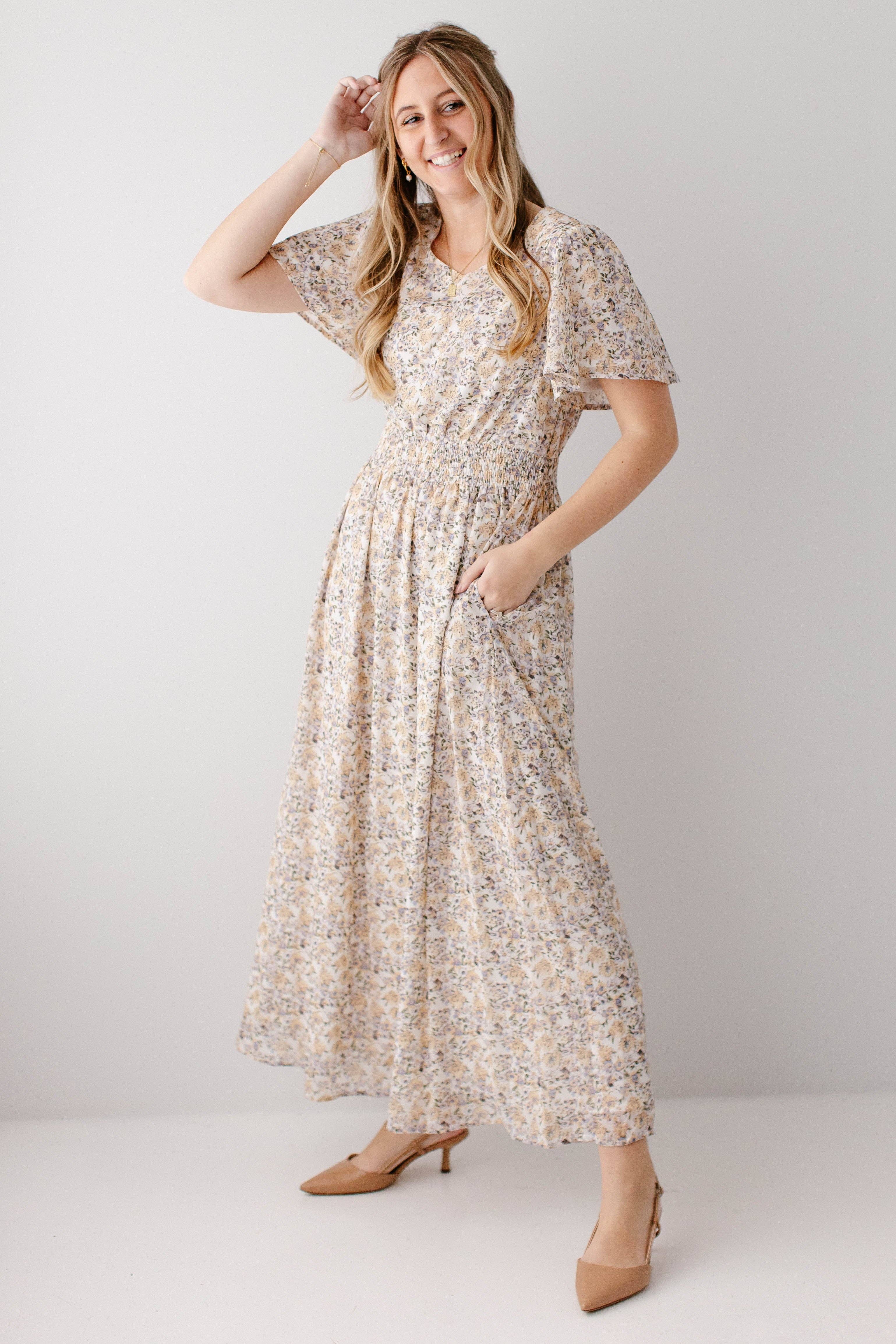 Ivory 'Felicity' Floral Print Smocked Waist Maxi Dress for wholesale on Faire4