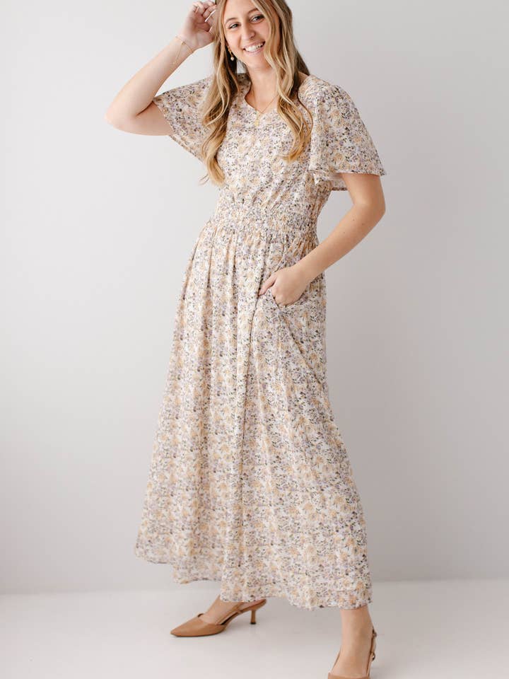 Ivory 'Felicity' Floral Print Smocked Waist Maxi Dress for wholesale on Faire4