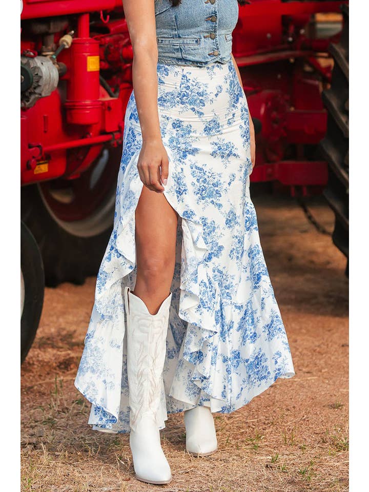 Rosa Clothing - Wholesale Skirt - Women's - Western Cowgirl Blue Floral ruffle high silt maxi skirt