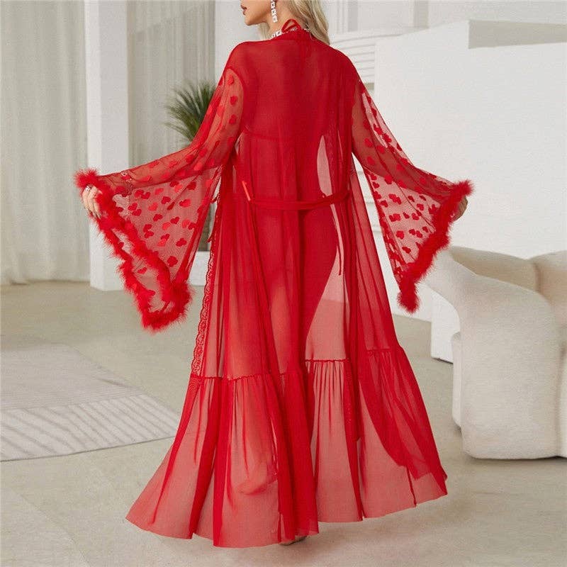 Sheer Trend – wholesale Robe – Women's – Mesh Print Feather Trim Long Sleeve Robe3