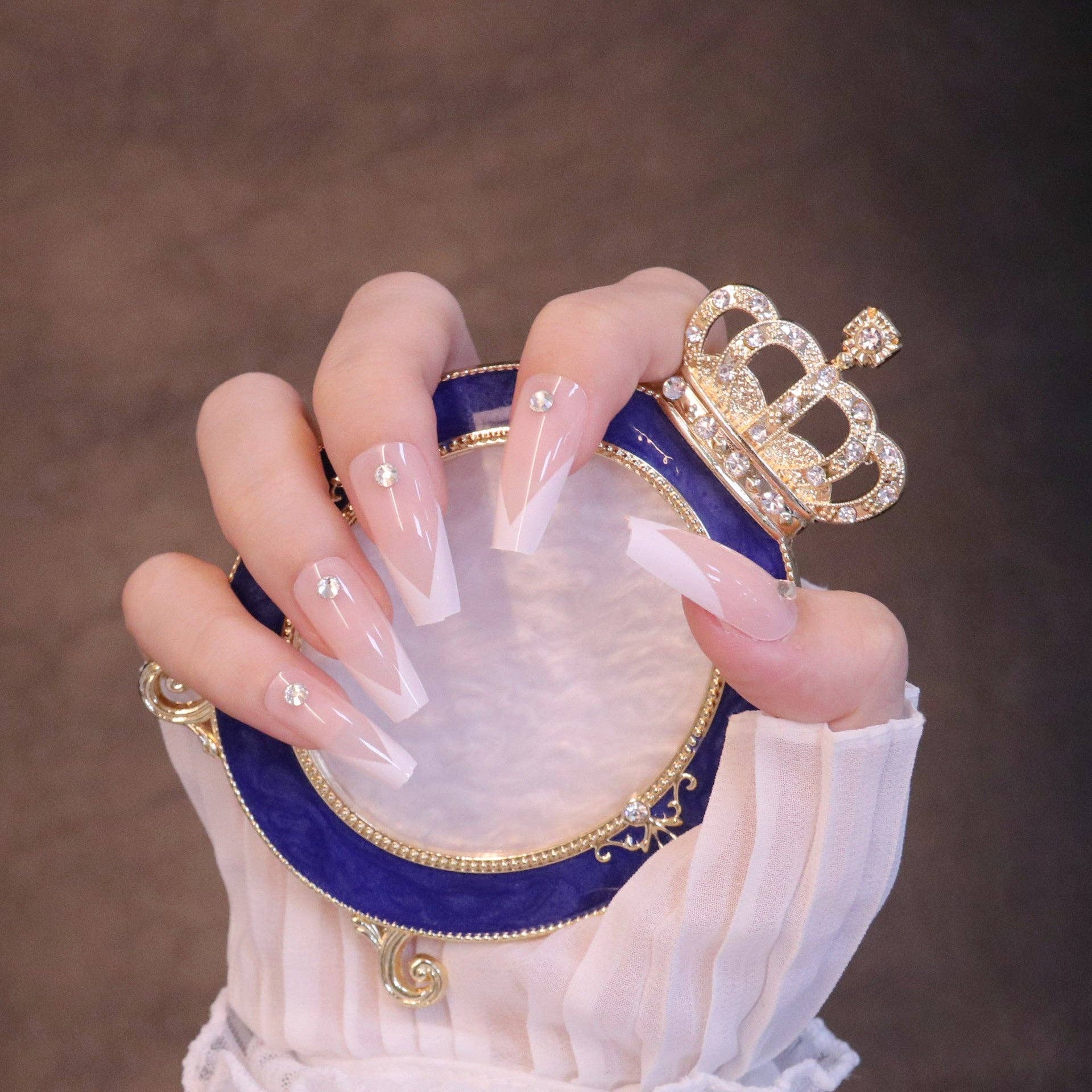 White Long Square French Tip Press On Nails with Jewels for wholesale on Faire2