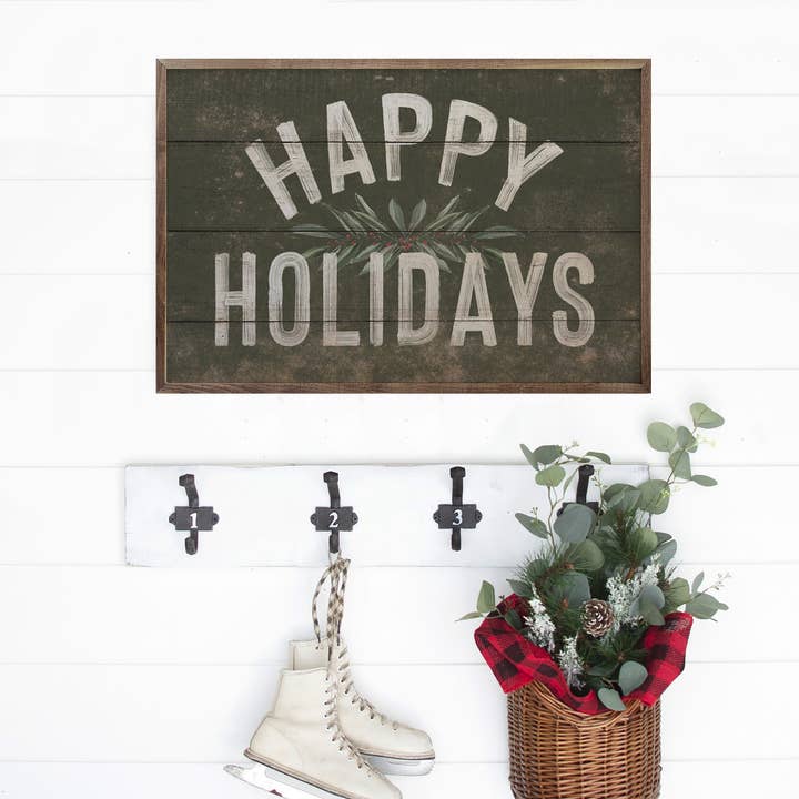 Kendrick Home - Wholesale Wood Wall Art - Happy Holidays Greenery Green1