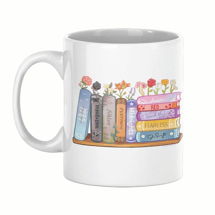 T.S. Eras Bookshelf 11oz Mug for wholesale by Lucky Mfg. Co.