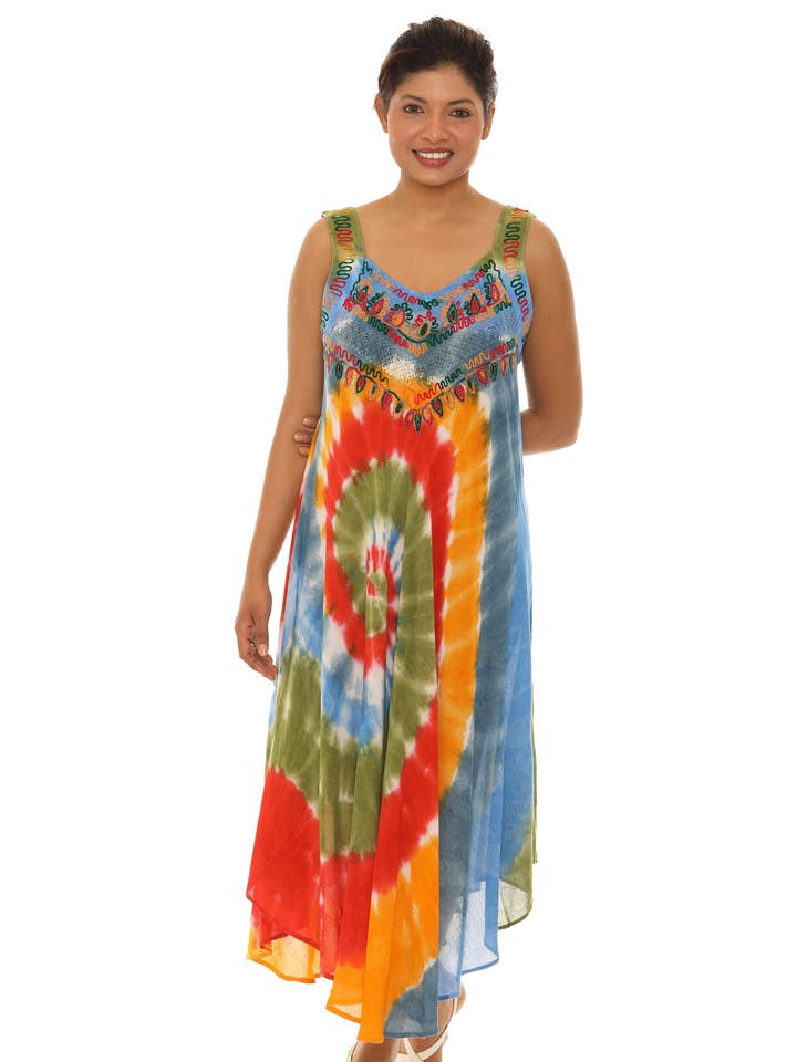 Vestido largo sin mangas con efecto tie-dye en espiral, talla única para venta al por mayor de Shoreline Wear. INC
