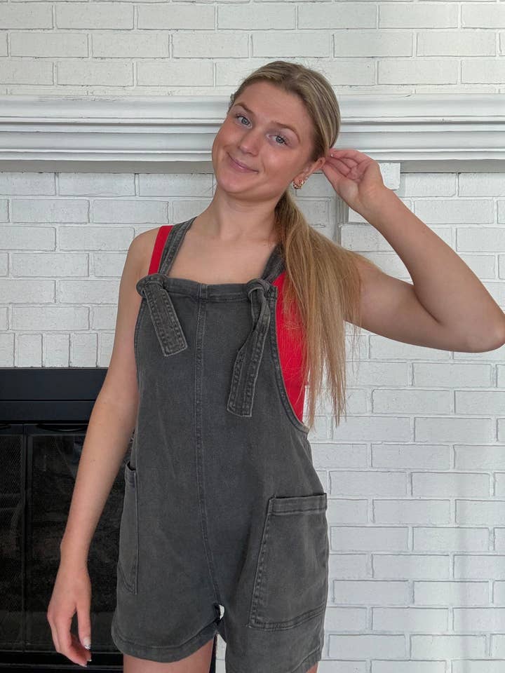 Washed Black Knot Strap Romper for wholesale by Sun Ray Company