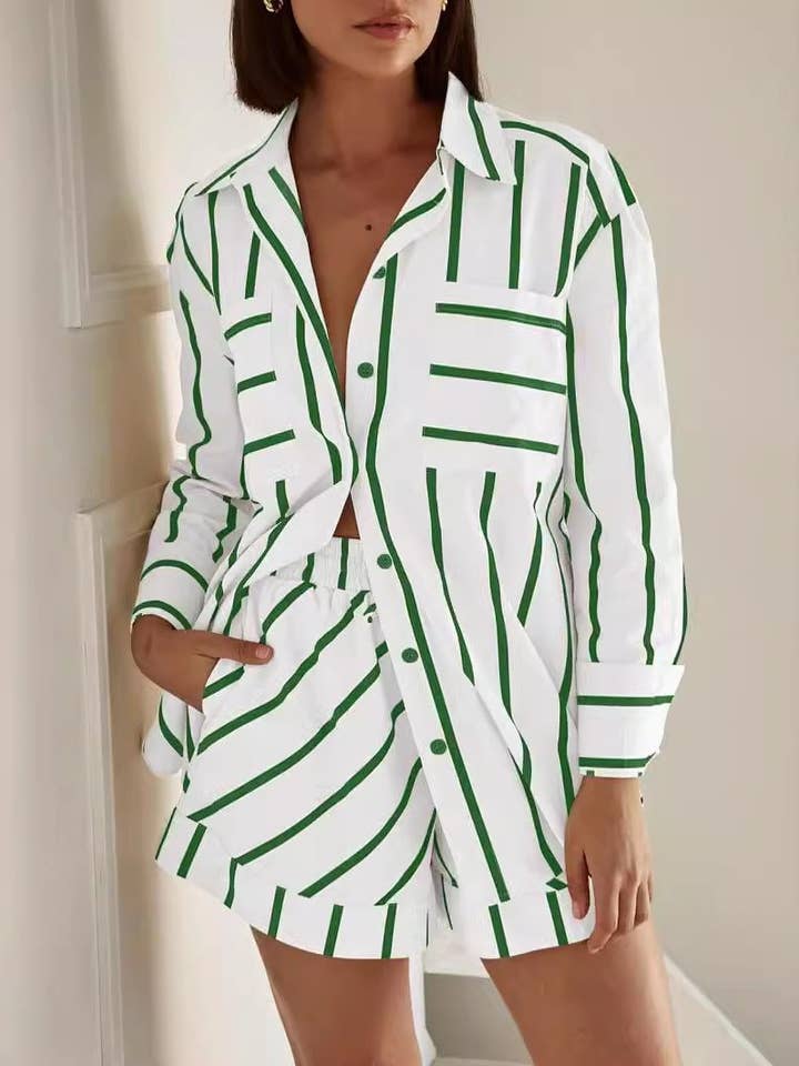 HIDDENBRAND - Wholesale Top & Short Set (NOT Loungewear) - Women's - Smart Casual Striped Contrasting Shirt Shorts Set
