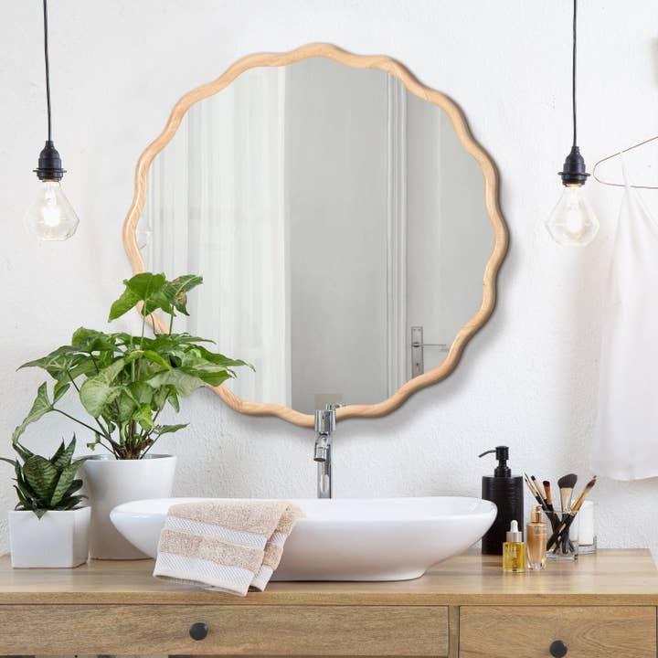 Solid Wood Wavy Mirror Natural Wood Vanity Mirror Wall Decor 31" X 31" Modern Mirror Wall Decor For Bathroom, Bedroom, Living Room, Dining Room, Cloakroom, Entryway Natural Wood Glass Solid Wood for wholesale by Orange County Decor