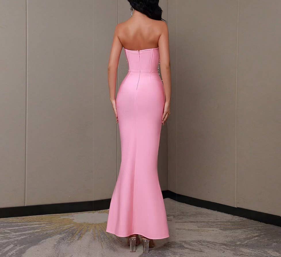 Sanyao Fashion - Vente Robe de soirée – femme - Robe de soirée rose élégante avec perles et coupe bandage1