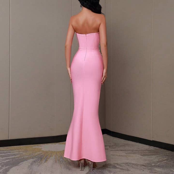 Sanyao Fashion - Vendita all'ingrosso Abito da sera - Donna - SY022 Elegante abito da sera con perline rosa1