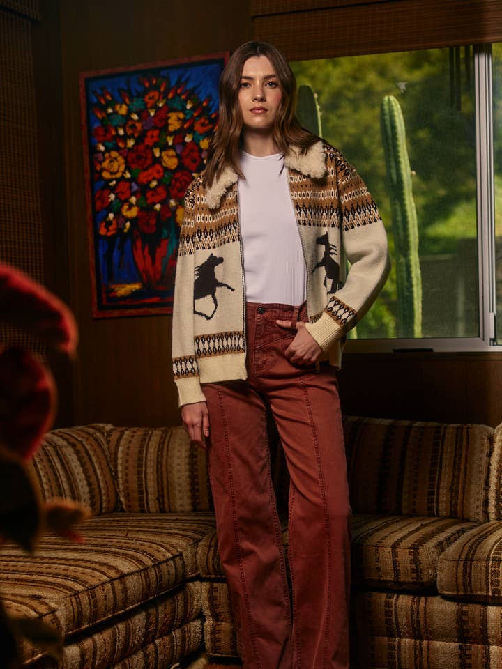 Western Horse Knit Zip-Up Jacket - RSW1095 for wholesale by RAISONNEL