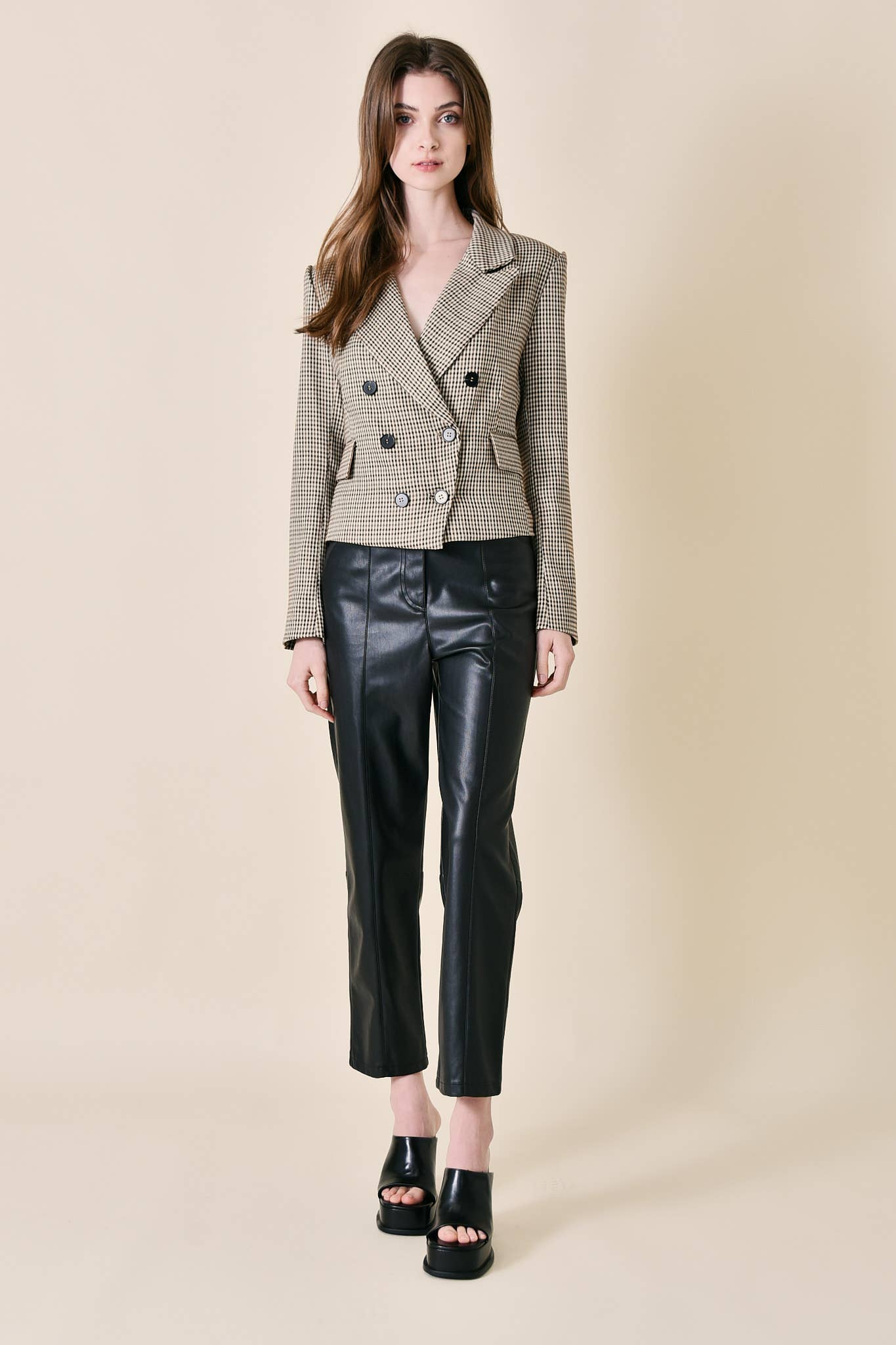 BROWN MULTI PREPPY TEXTURED PLAID DOUBLE BREASTED BLAZER-OI6000FO for wholesale on Faire10