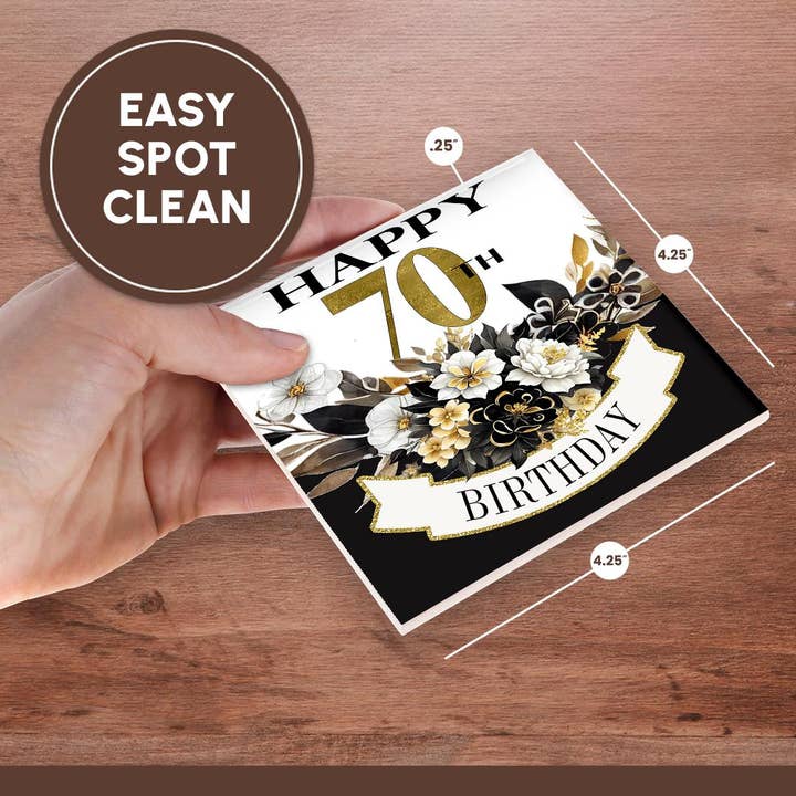 3dRose - Wholesale Coasters - 3dRose, Elegant Black and Image Of Gold Flowers Happy 70th Birthday, Coaster6