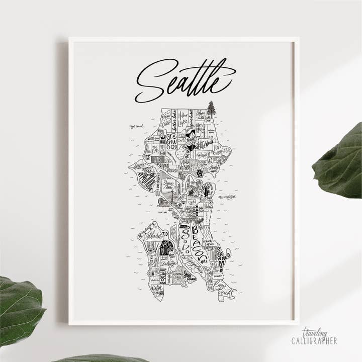 Seattle, WA Map Print (3 sizes) for wholesale by Traveling Calligrapher