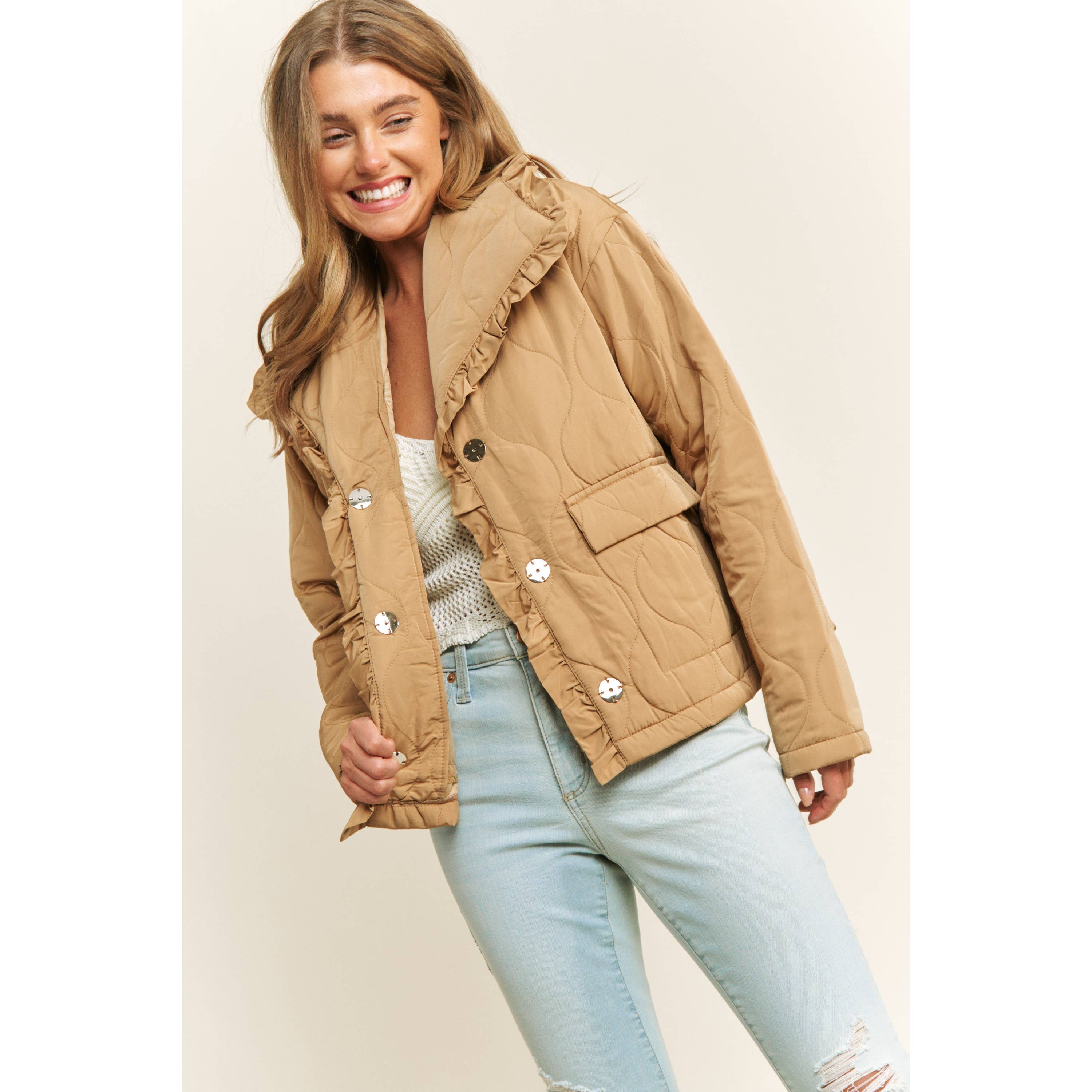 Sweet Generis - Wholesale Jacket - Women's - RUFFLE EDGE DETAIL QUILTED LOOSE FIT JACKET4