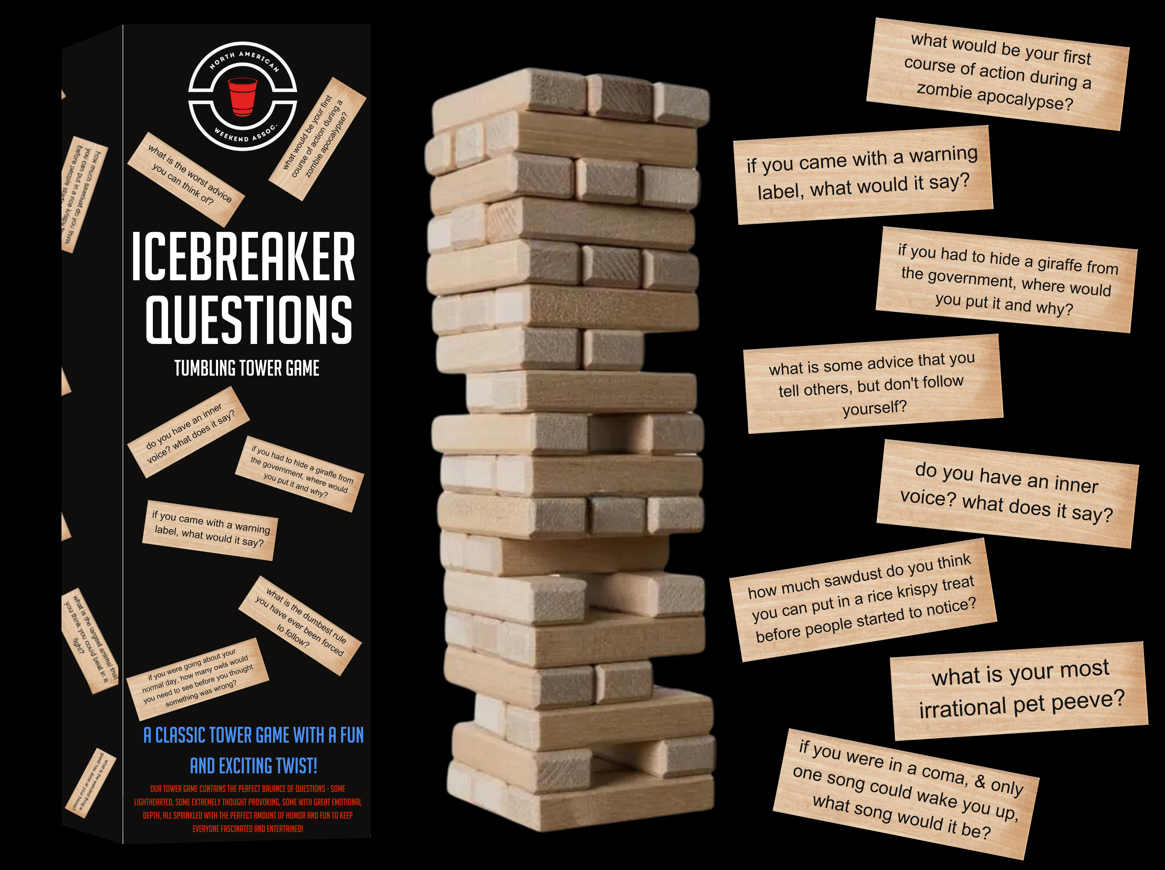 North American Weekend Association - Wholesale Stacking Game - IceBreaker Questions - Tumbling Tower Game™0
