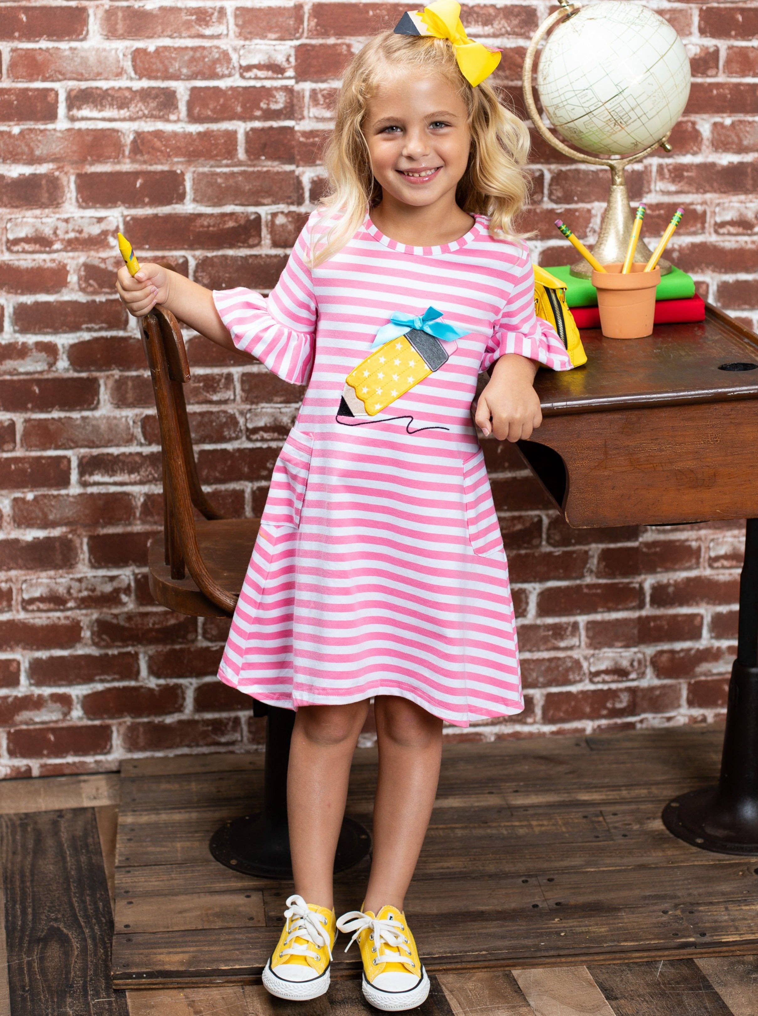 Pink Striped Ruffle Sleeve Dress w/ Polka Dot Pencil Applique for wholesale on Faire3