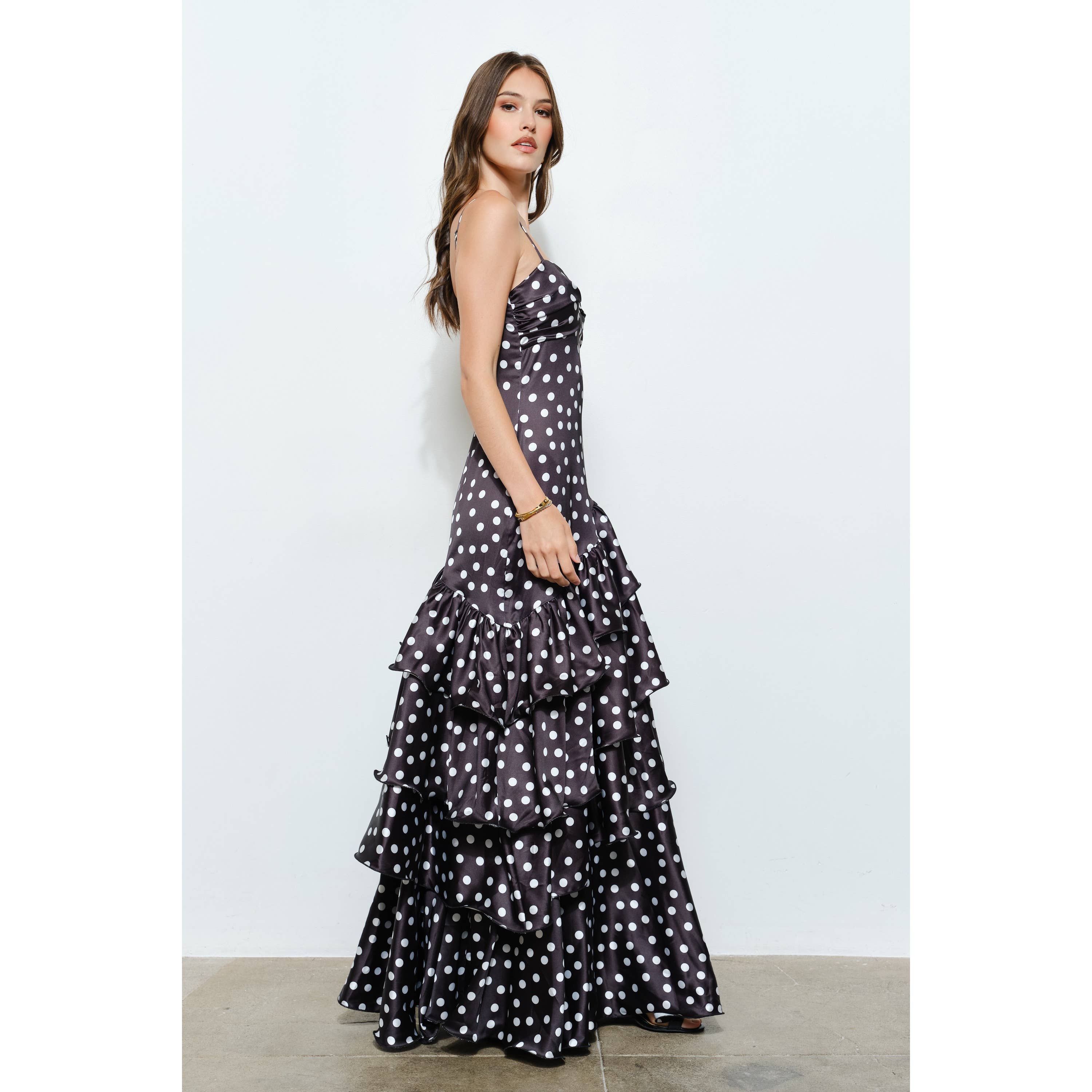 INA – wholesale Dress – Women's – Satin Polka Dot Tiered Ruffle Maxi Dress12