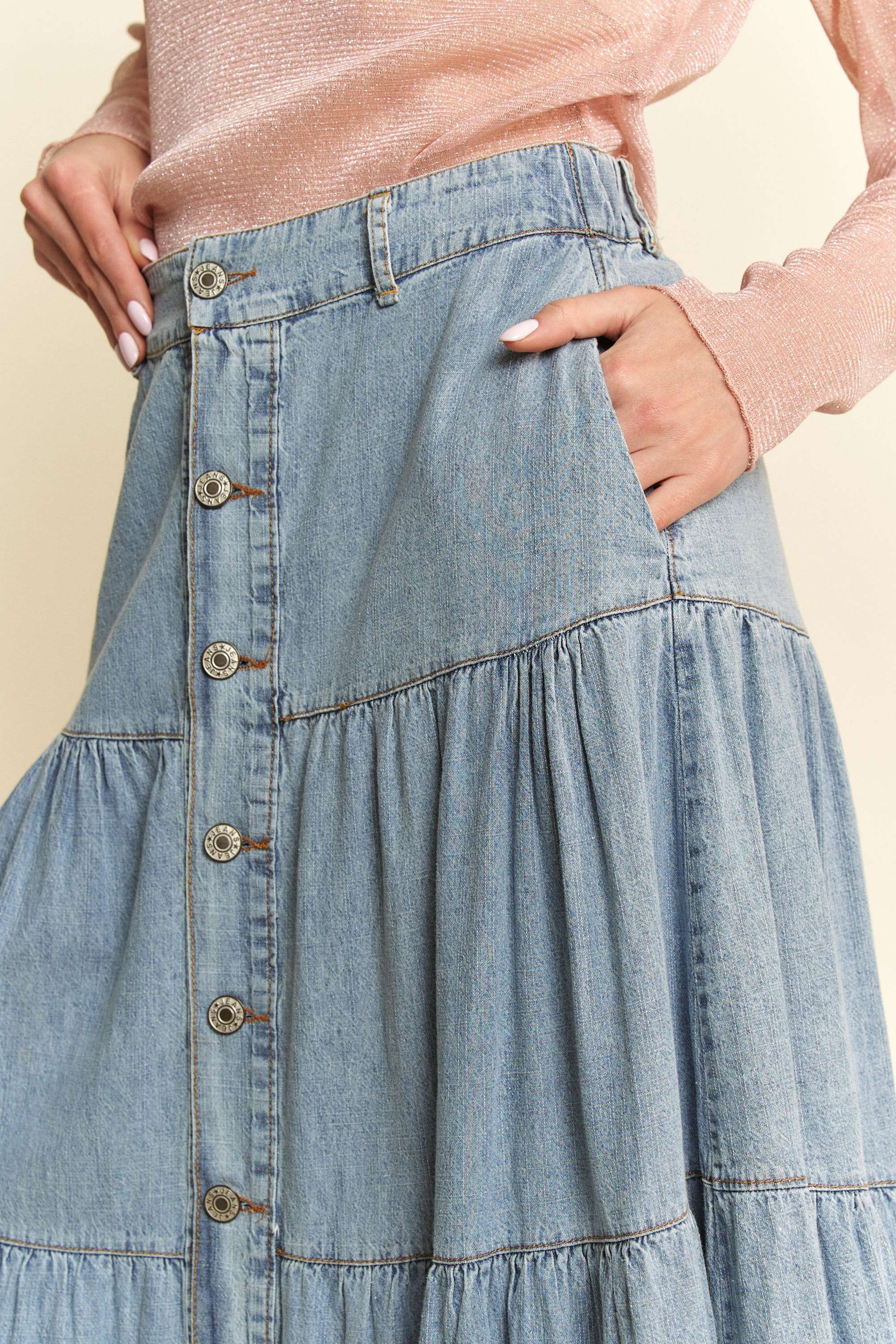 DENIM BUTTON FRONT RUFFLE HEM DENIM MAXI SKIRT for wholesale on Faire6