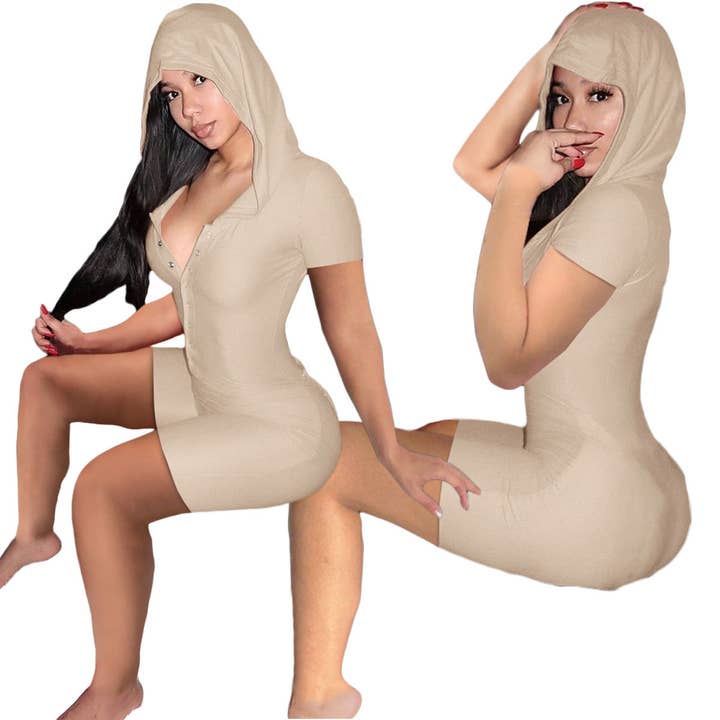 MB Fashion Wholesale - Wholesale Romper - Women's - MB FASHION Hooded Short Sleeve Button-Up Jumpsuit 5224T