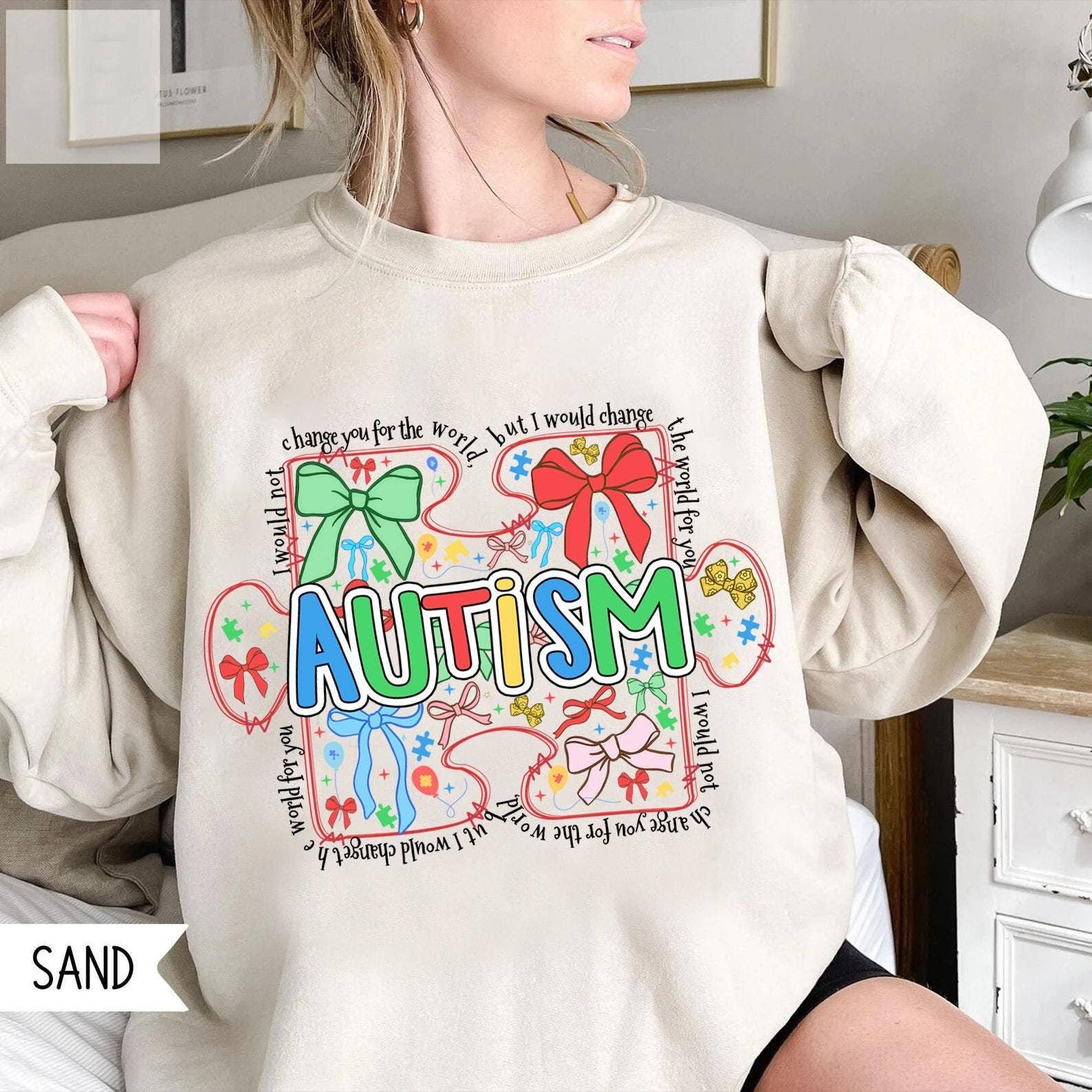 NVC Ecommerce LLC – wholesale Sweatshirt med tryck - Dam – Autismmedvetenhet Coquette Sweatshirt, Autismrosett T-shirt