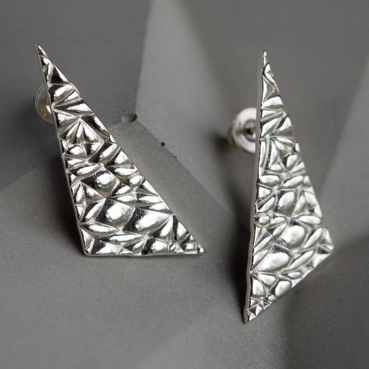 Softy Textured Silver Large Statement Angular Stud Earrings for wholesale by BOO jewellery